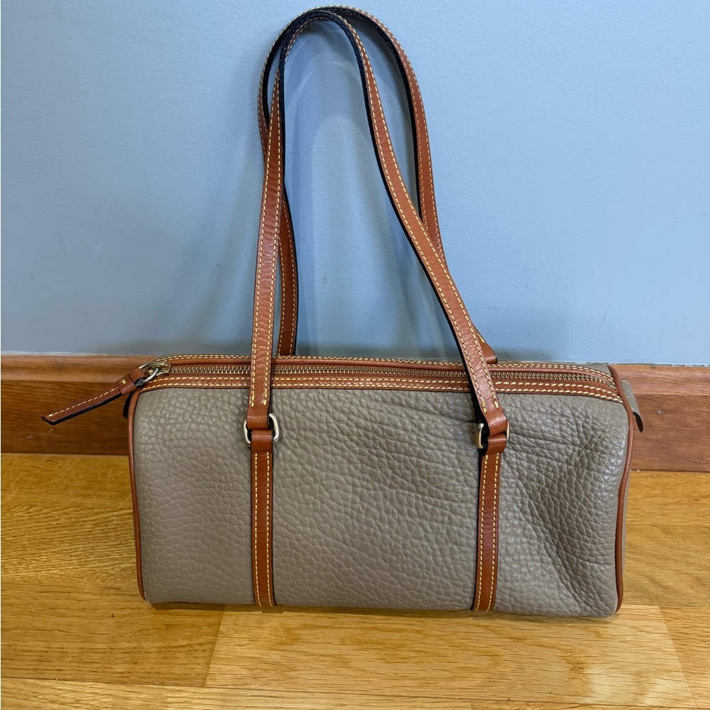 Vintage Dooney & Bourke-Barrel Bag- Tan Pebble Leather Shoulder Bag
